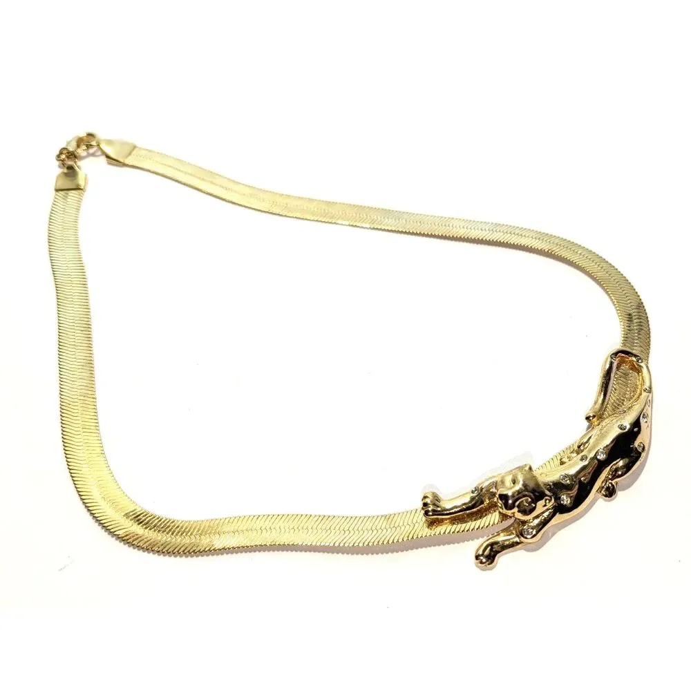 Leopard Panther Rhinestone Gold Tone Necklace - Picture 10 of 12